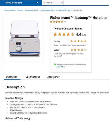 Select the Products You Wish to Return page on Fisher Scientific's website with shipping info, return eligibility, and return restrictions. Includes fields for reason, quantity, product condition, and photo upload. 'Continue' button at the top right.