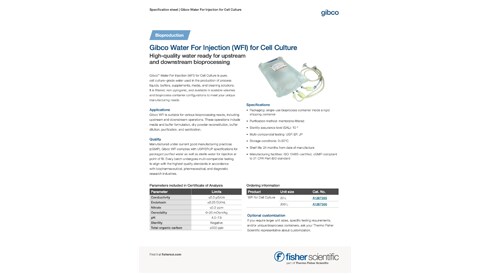 Gibco Water for Injection for Cell Culture Spec Sheet