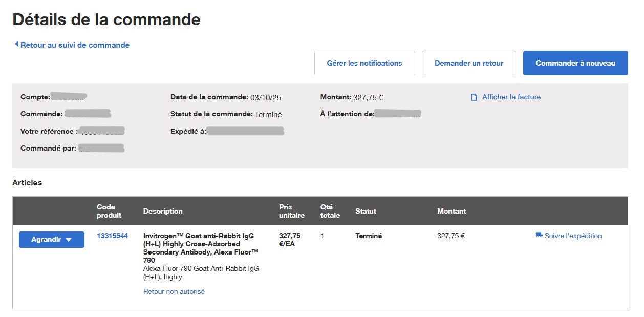Order Details page on Fisher Scientific's website with order information and options to manage notifications, request a return, and reorder items. Includes a table with item details.