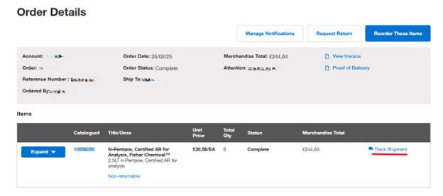 Order Shipment Tracking page on Fisher Scientific's website with shipment and item tracking information. Includes options to expand for more details.