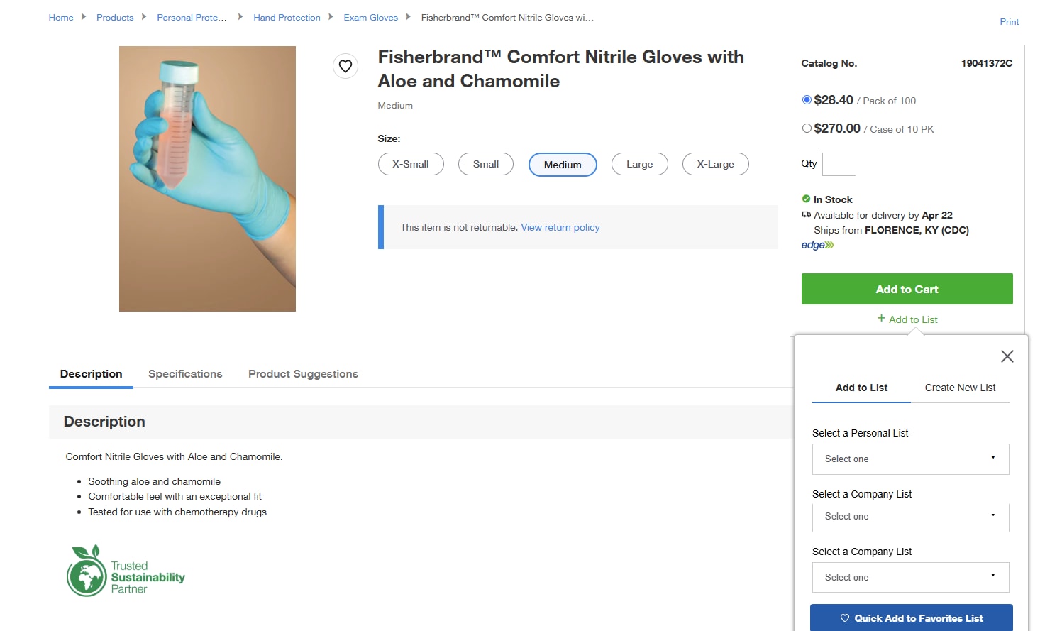 Product page on Fisher Scientific's website for Fisherbrand Comfort Nitrile Gloves with Aloe and Chamomile. Includes an image, product title, size options, pricing, stock status, and buttons for adding to cart or list. Tabs for description, specifications, and product suggestions are present.