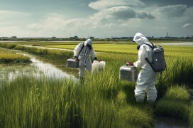 People in hazardous material suits working in a field. People in hazardous material suits working in a field.